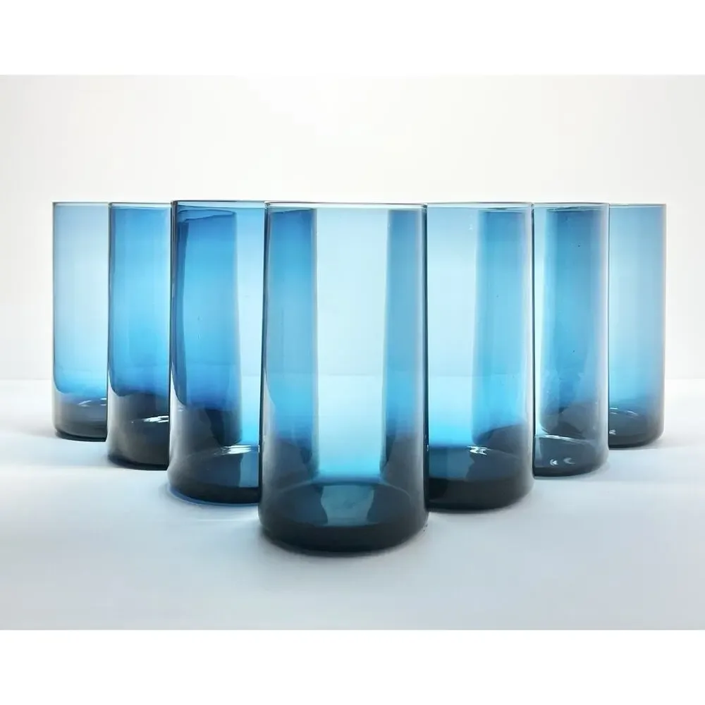 Pier 1 Set of 7 Blue Highball Tumbler Glasses 6 1/4” 24oz